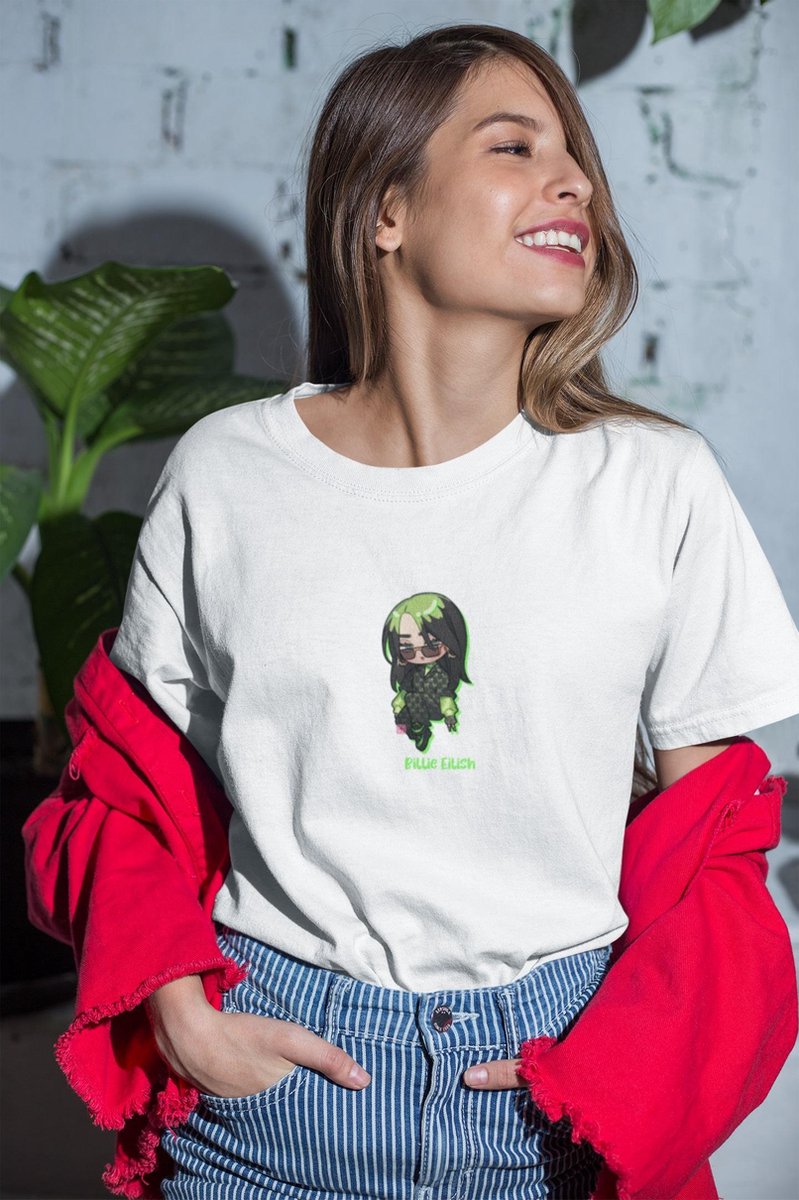 Billie Eilish Anime Chibi Kawaii T-Shirt / Airbrush Flames Blohsh / Fan art Merchandise / Popstar / Wit Unisex Maat M