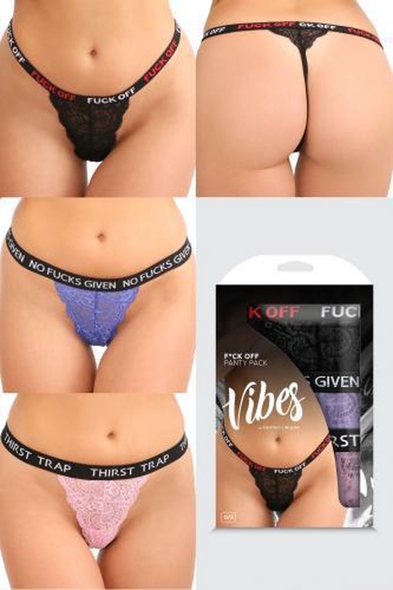 3-Delige Kanten Strings Set Met Tekst - Zwart/Paars/Roze - One Size (S-L 34 - 40)