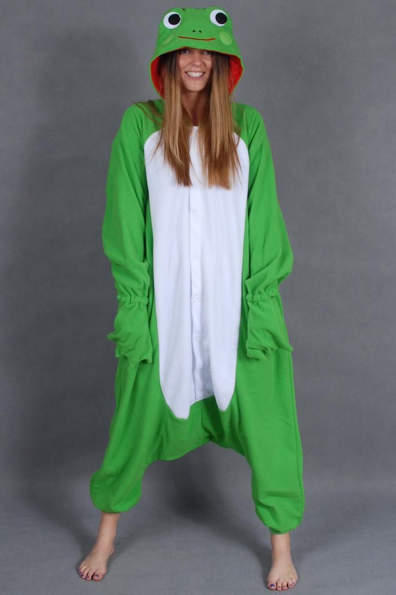 KIMU Onesie kikker kinder pak kostuum groen - maat 146-152 - kikkerpak jumpsuit pyjama