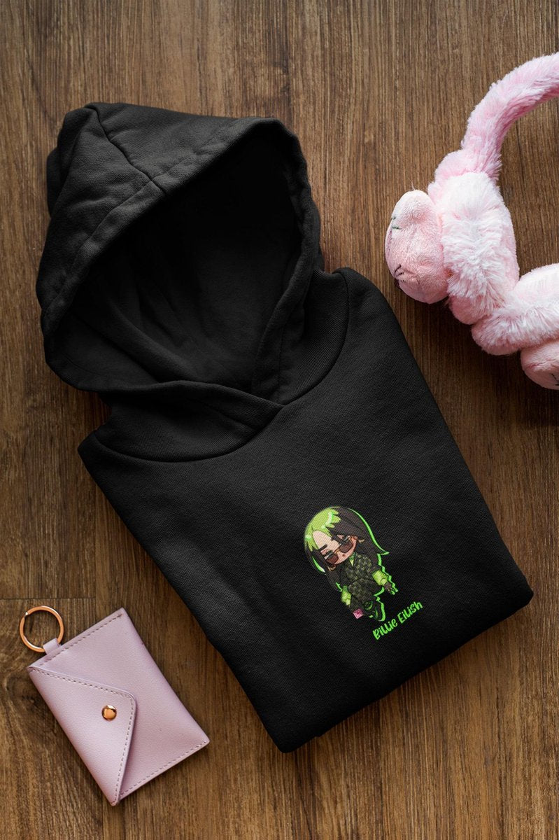 Billie Eilish Anime Chibi Kawaii Hoodie Trui / Airbrush Flames Blohsh / Fan art Merchandise / Popstar / Zwart Unisex Maat M