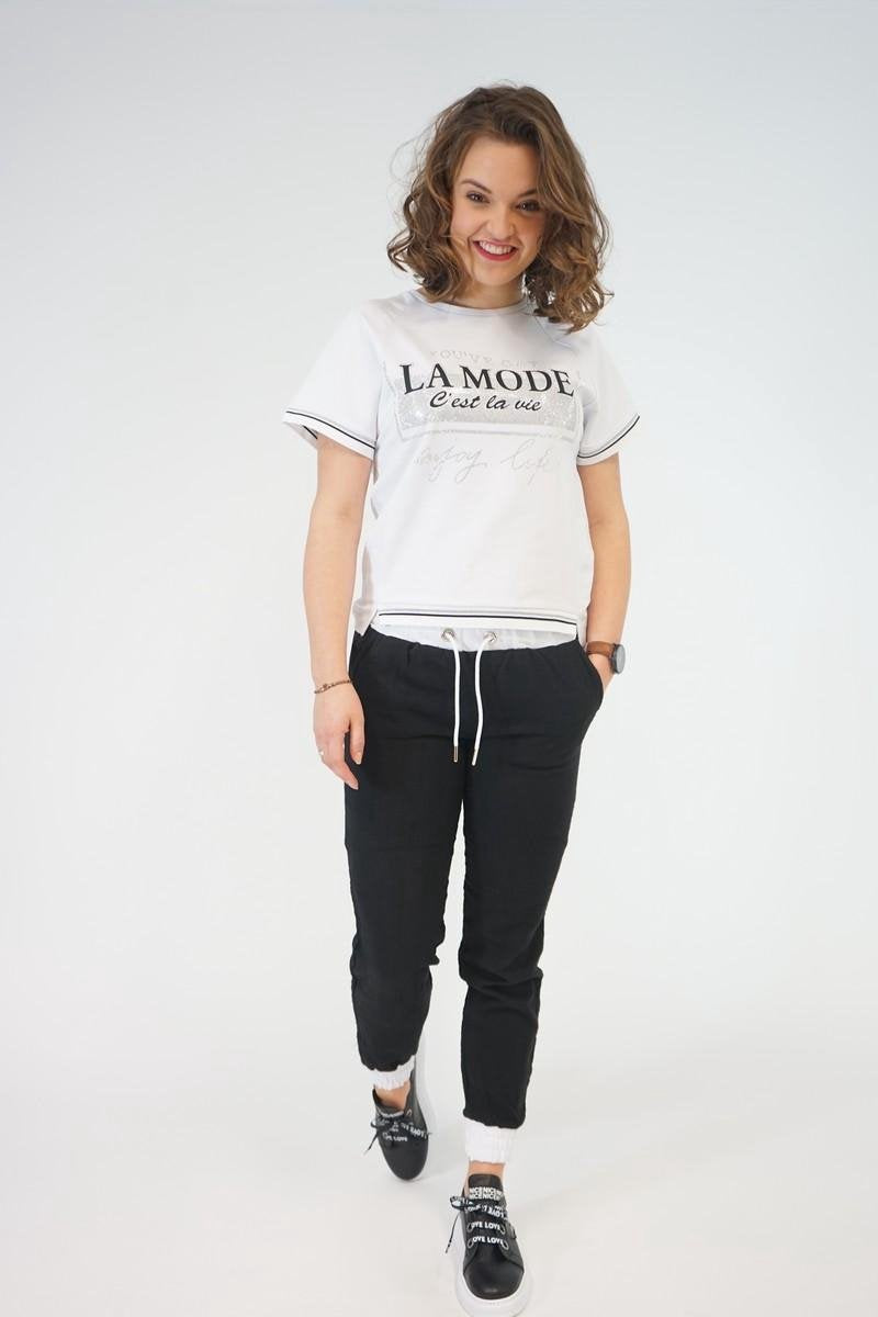 La Pèra Zwart/wit Vrijetijdspak - Huispak vrouwen casual pak met zwarte broek - Maat S