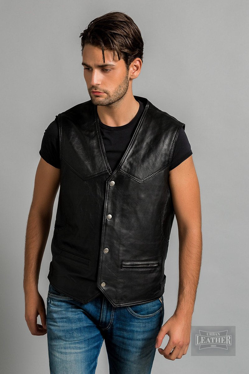Urban 5884® Billy -Leren vest heren zwart lams leer gewaxt  4XL
