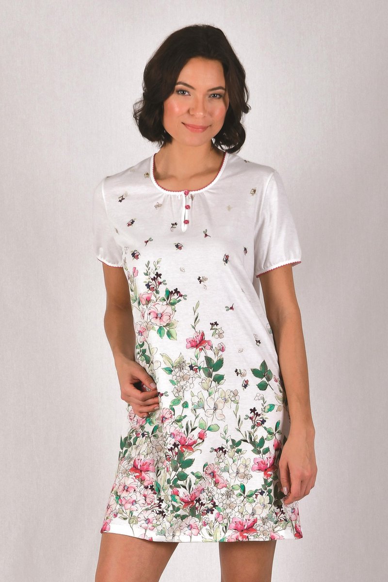 Cybéle Katoenen Nachthemd Dames | Nachthemd Dames Korte Mouw | Nachtjapon Dames | Nachthemd Dames Volwassenen |  Wit met Bloemen 7-800535 40