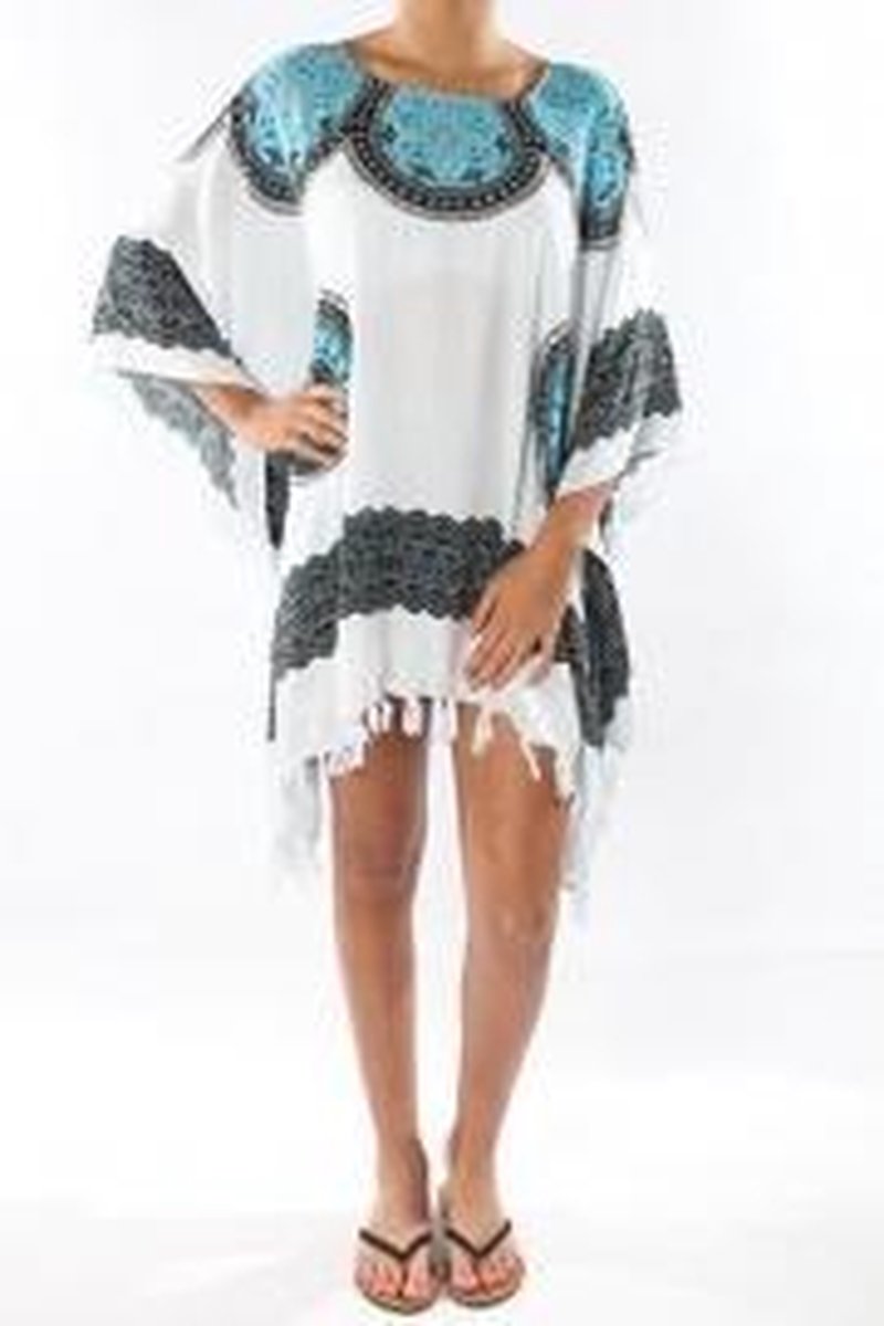 Strandjurk | One Size | Sarong-dress | Tuniek | Beach-dress | Sauna | Strandmode | Fashion | Wit | Blauw