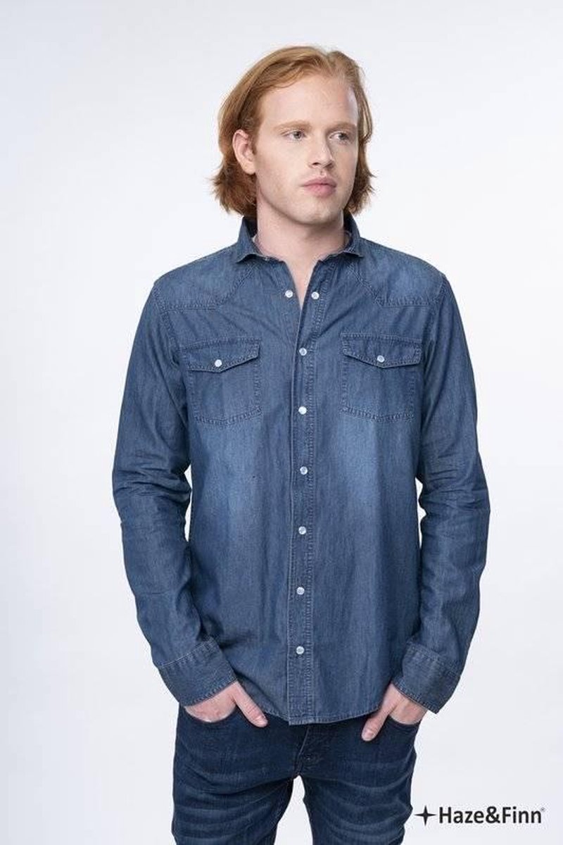Haze&Finn overhemd Snap Dark wash denim (MU10-0104-1)