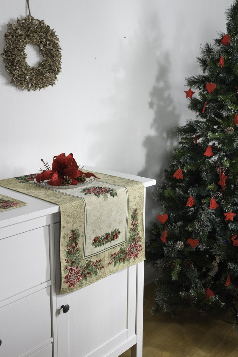 Tafelloper - luxe gobelin - Christmas Flowers - Kerst - Loper 100 cm