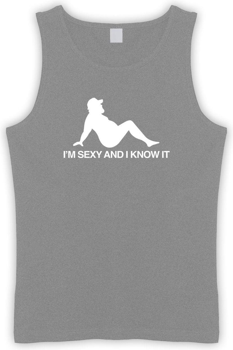 Grijze Tanktop met  " I'M Sexy and i Know It " print Wit size M