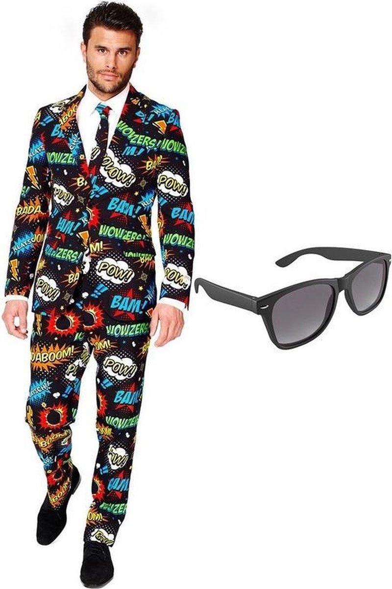 Comic print heren kostuum / pak - maat 56 (XXXL) met gratis zonnebril