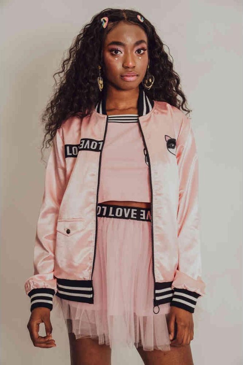 Jawbreaker Bomber jacket -L- Love Cats Members Only Roze