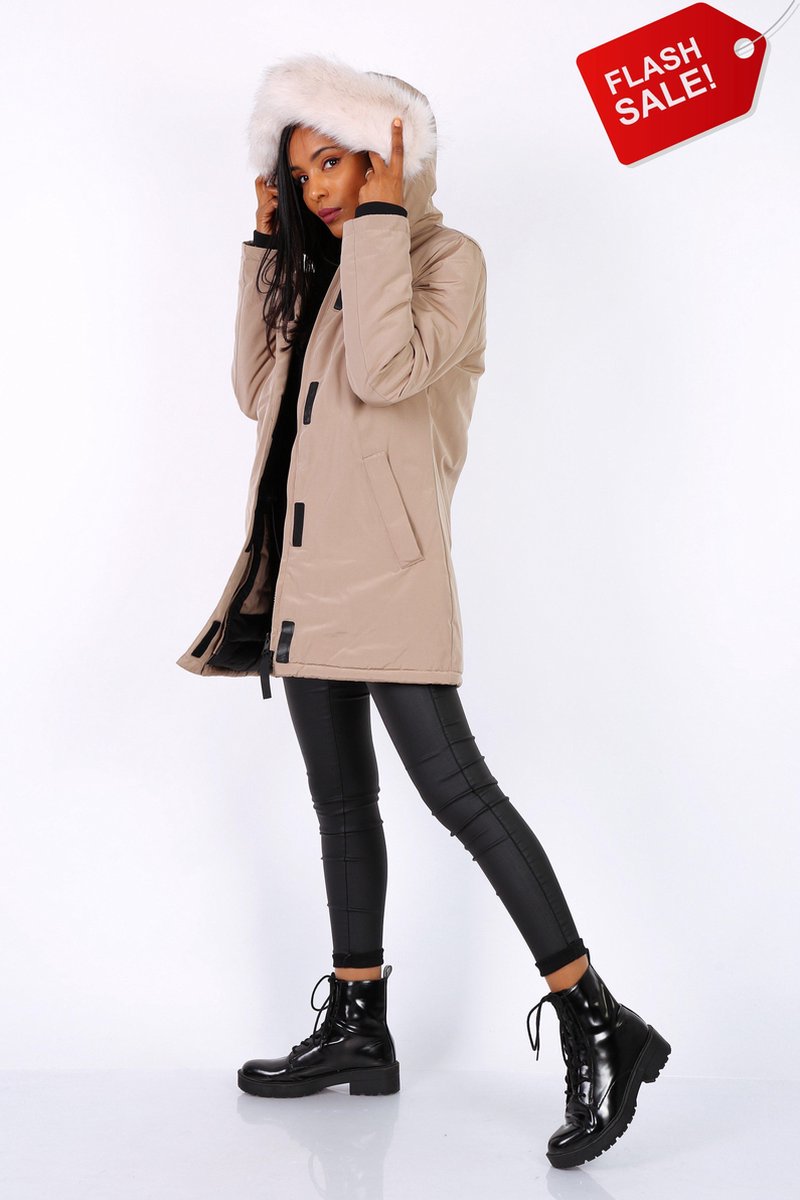 Halflange beige parka met rits en klittenband XL