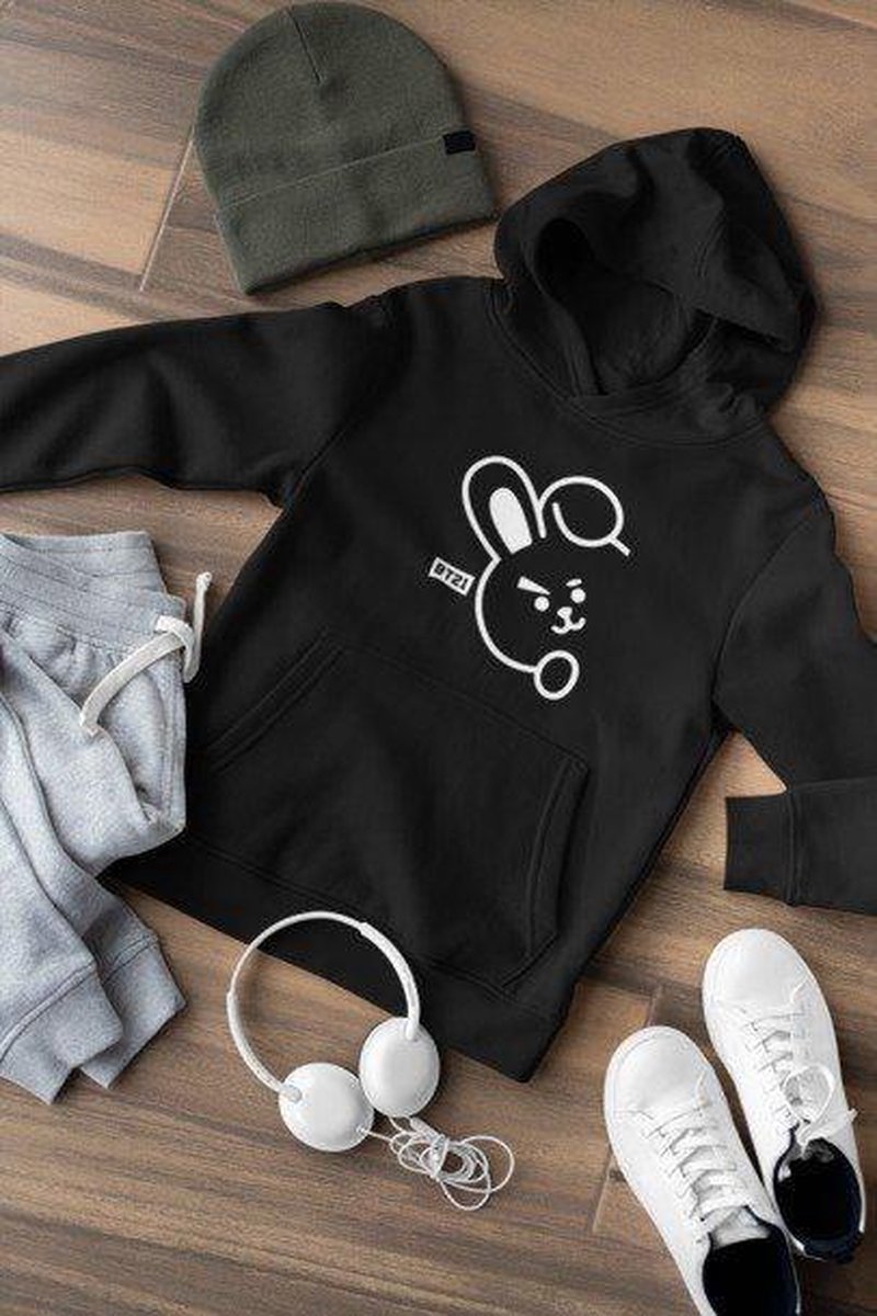 BTS BT21 Cooky Hoodie Vest met Capuchon | Kpop fan | Korea | Army | Zwart | JungKook | Konijn | Maat XS