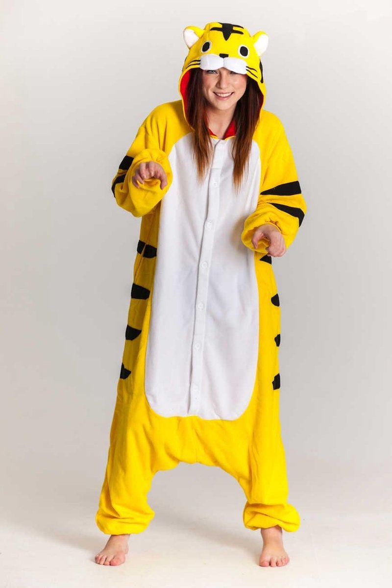 KIMU Onesie gele tijger pak kostuum - maat M-L - tijgerpak jumpsuit huispak