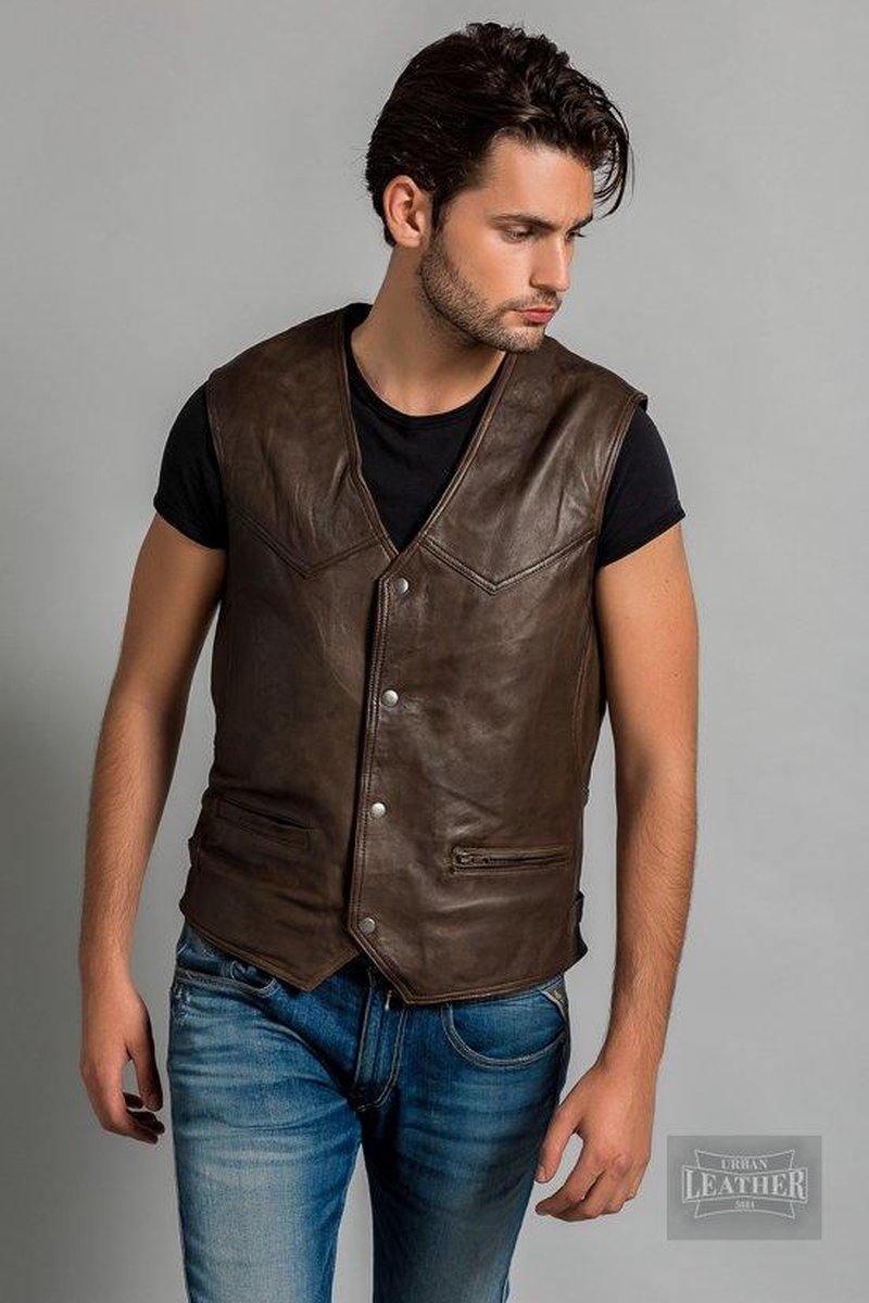 Urban Leather® Billy  lams leren vest heren donker bruin gewaxt - XL
