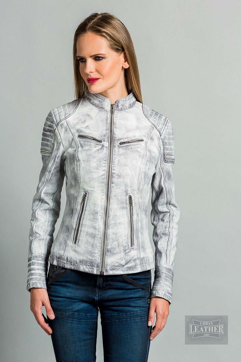 Angelina Biker kort lams leren jas soepel leer vintage craft gray L