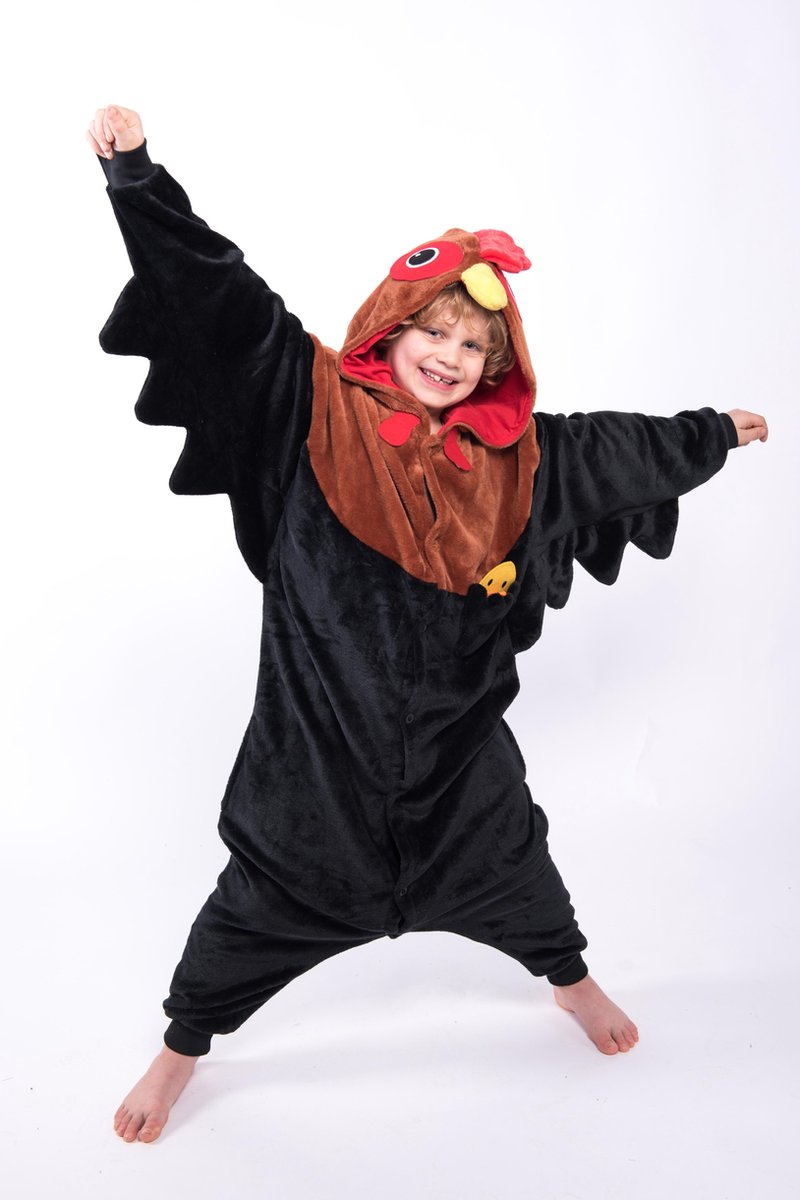 KIMU Onesie haan kinder pak kip kostuum zwart - maat 110-116 - hanenpak jumpsuit pyjama