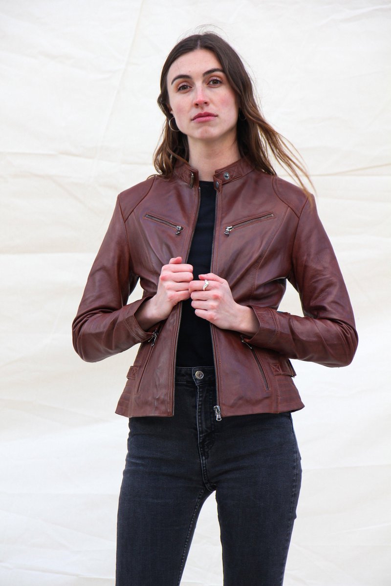 GILL'S LOLITA COGNAC - Dames Leren Jas - Biker Jack - 100% Lamsleer - Cognac