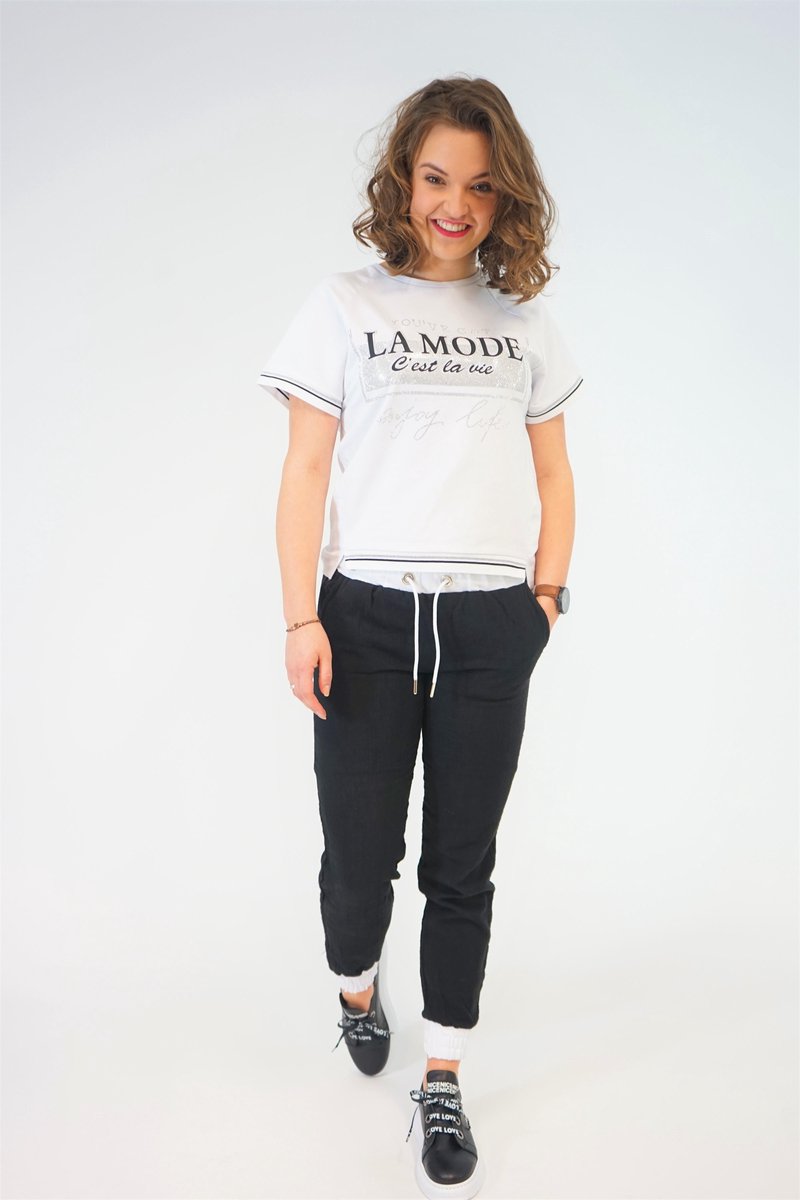La Pèra Zwart/wit Vrijetijdspak - Huispak Grote Maten vrouwen casual pak met zwarte broek - Maat 50