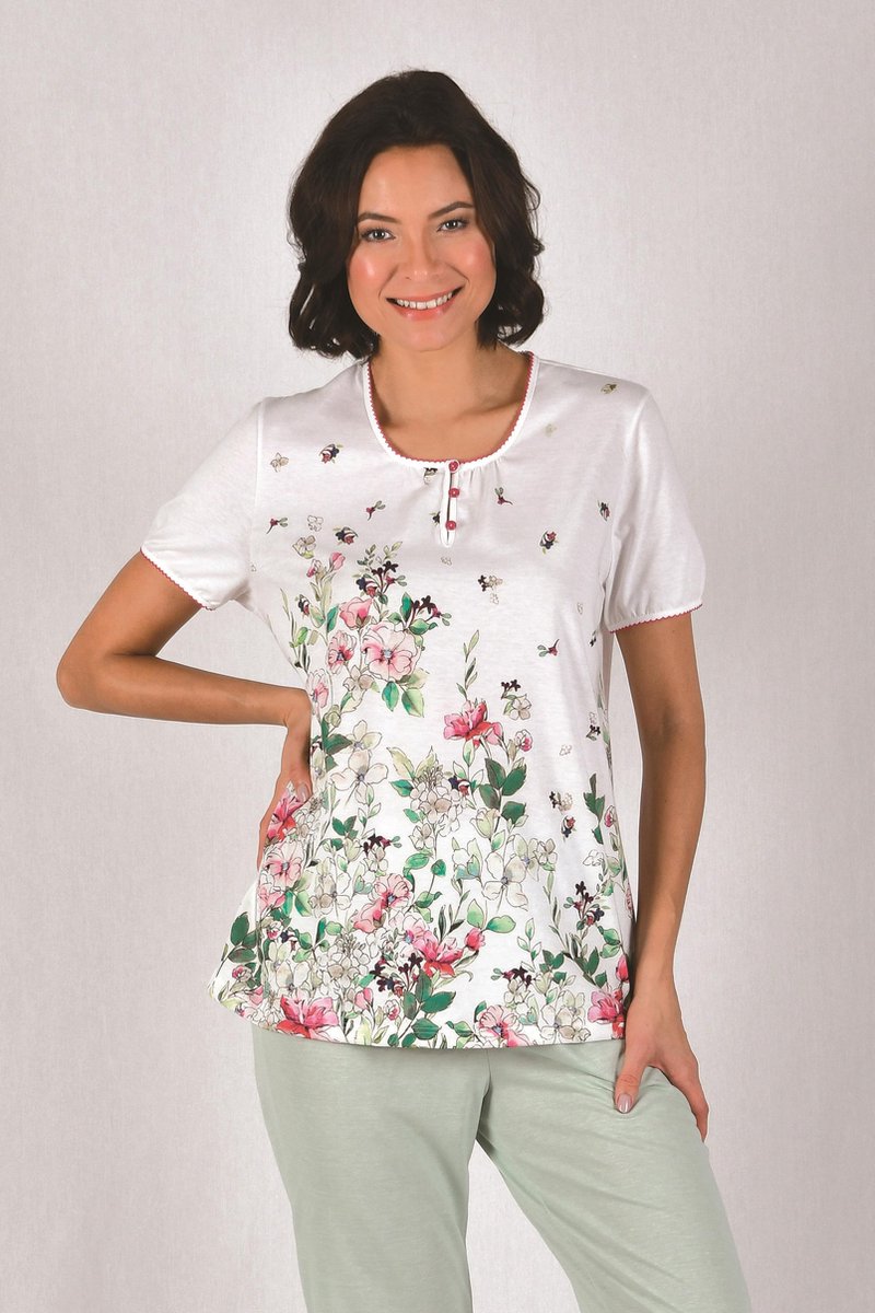 Cybéle Katoenen Pyjama Dames Volwassenen | Korte Mouw & Capri Broek | Pyama Dames Volwassenen | Wit met Bloemen 7-810535 46