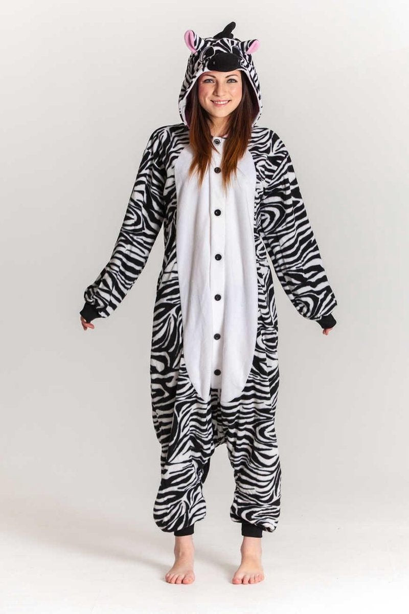 KIMU Onesie zebra kinder pakje zwart wit gestreept - maat 110-116 - zebrapak jumpsuit pyjama