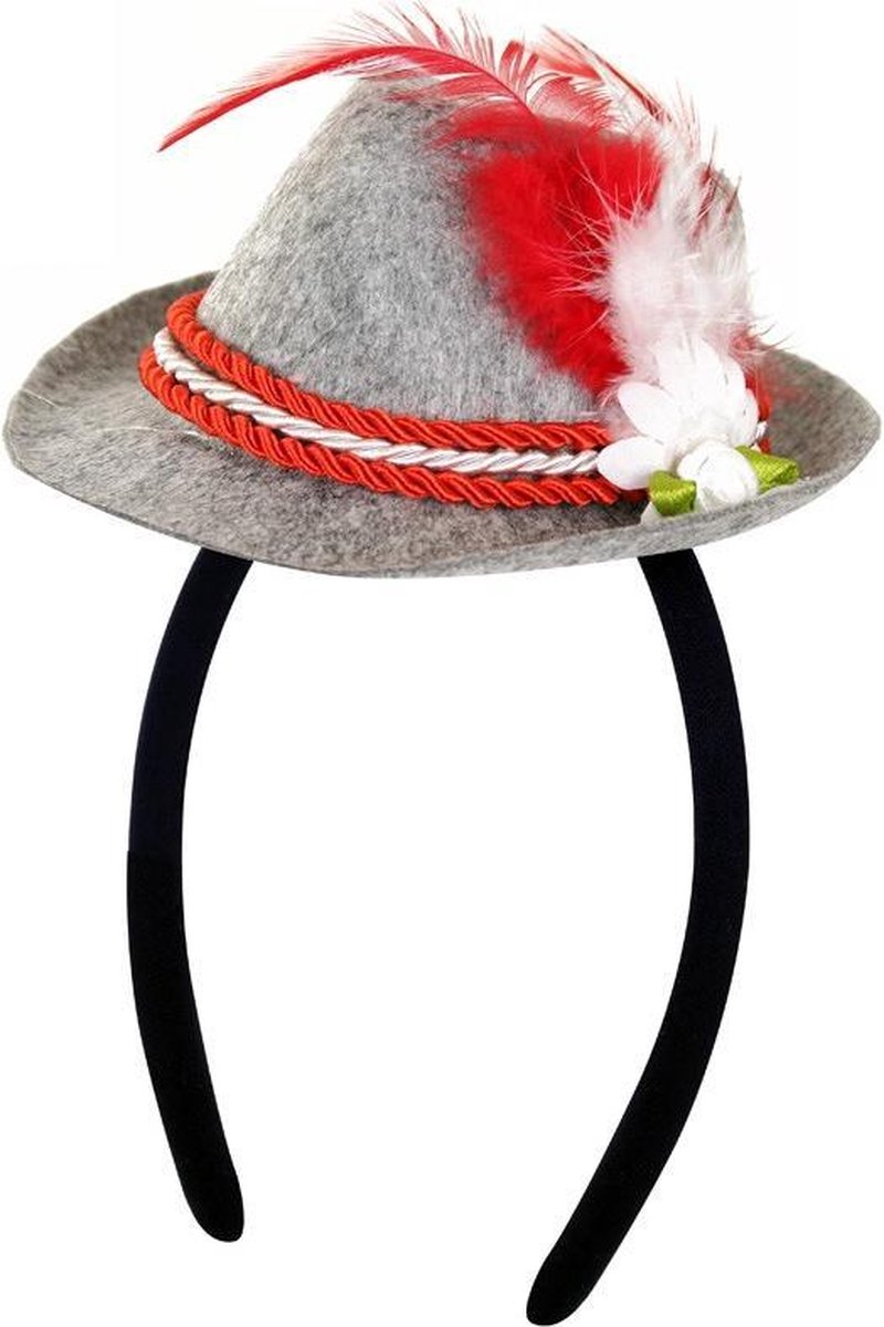 Tiroler grijs mini hoedje grijs rood diadeem - Oktoberfest jagershoedje op haarband dames - hoed met veer en koord - dirndl heidi Tirol grijze bierfeest