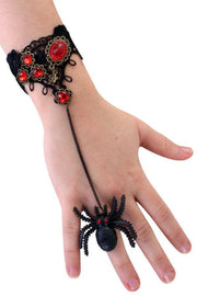 Armband kant met rode steen en spin op ring