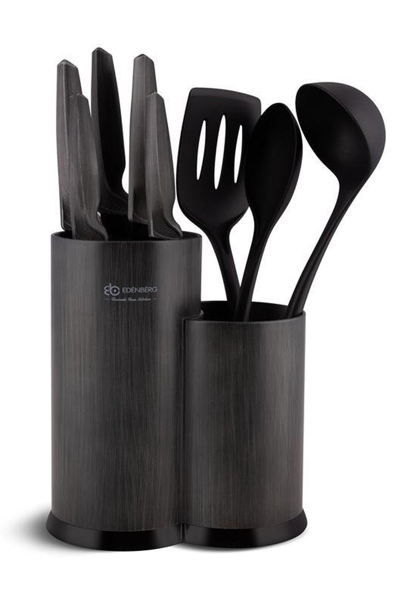 Edënbërg Black Line - Complete Keukenset - Keukengerei + Keukenmessen - 9 delig - Zwart/Grijs