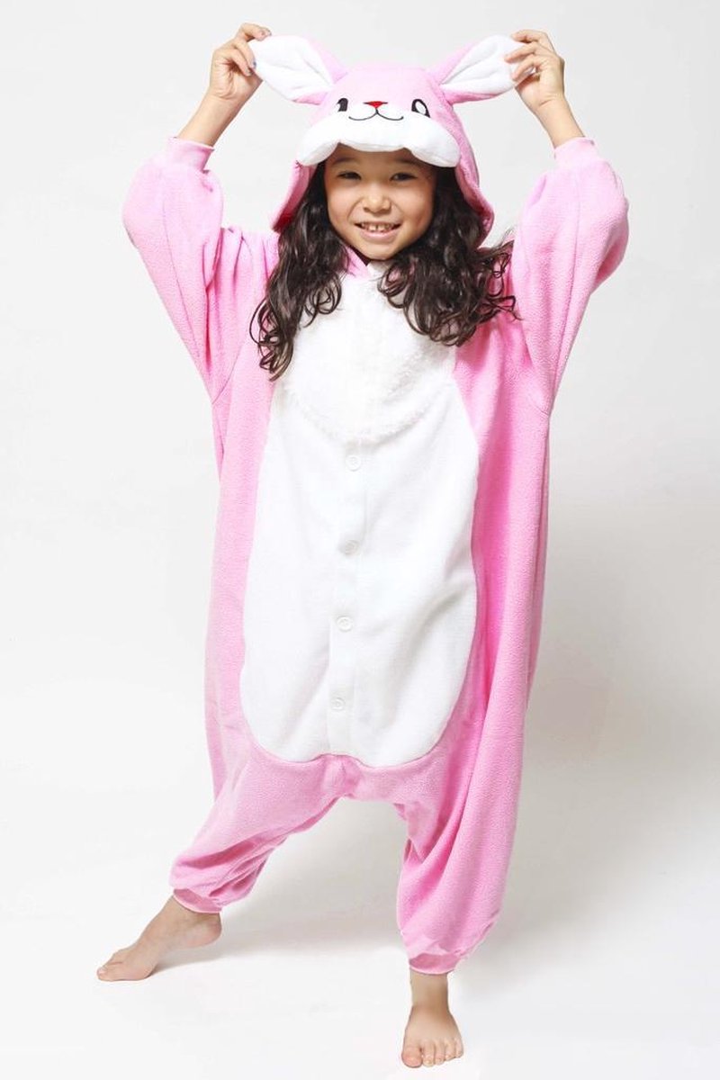 KIMU Onesie konijn kinder pak roze haas - maat 146-152 - konijnenpak jumpsuit pyjama