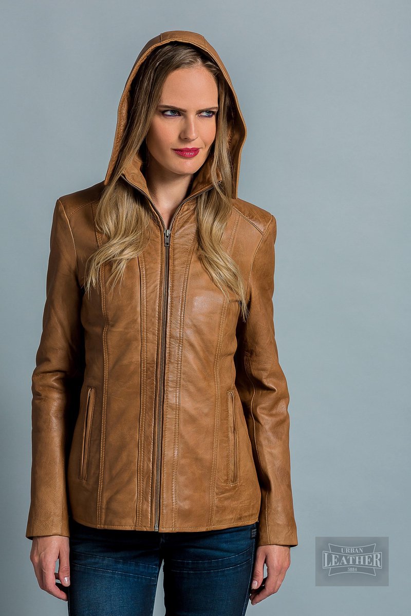Urban 5884® Dames leren jack met afritsbare capachon Dames Jas Bruin Maat 2XL
