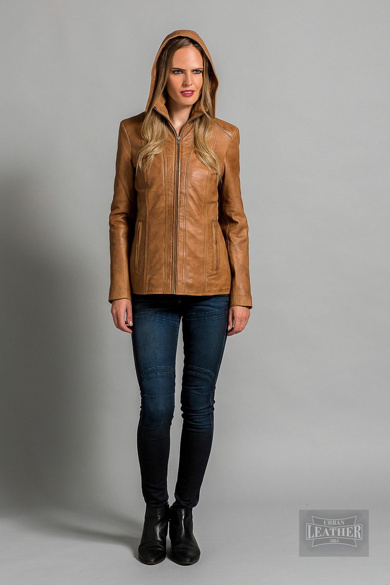 Urban 5884® Dames leren jack met afritsbare capachon Dames Jas Bruin Maat 3XL