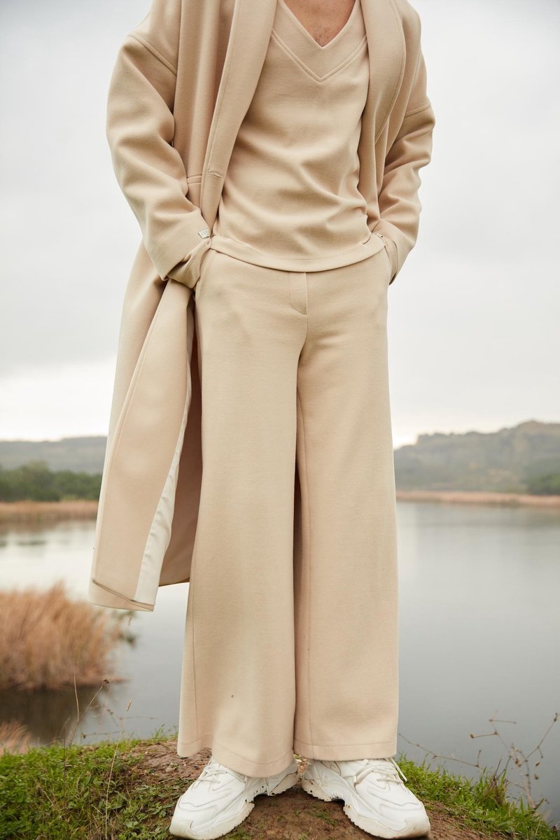 JORAH CLOSET ALE Unisex Broeken - Relaxed Fit Broek Dames met Elastieken Band  - High Waist Broek Heren met Zijzakken  - Palazzo Pantalon Heren met Wijde en Gespleten Broekspijpen - Kleding Dames Volwassenen - Trousers men / women - Beige - S