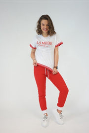 La Pèra Rood/wit Vrijetijdspak - Huispak vrouwen casual pak met rode broek - Maat M