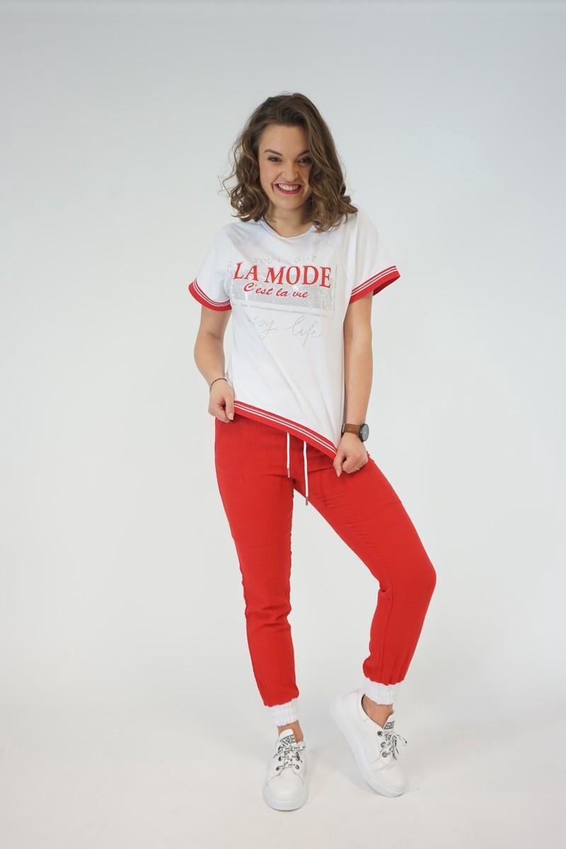 La Pèra Rood/wit Vrijetijdspak - Huispak vrouwen casual pak met rode broek - Maat M