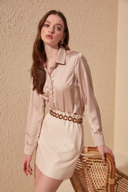 Beige Basic Satin Overhemd | 36