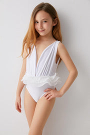 SPOSA Sneldrogende en UV Werend Badpak Meisjes - Zachte en Comfortabele Zwempak Meisjes / Zwemkleiding Meisjes van Gecertificeerde Premium Italiaanse Stof - Bikini Meisjes / Badmode Meisjes - Wit - 5-6 jaar