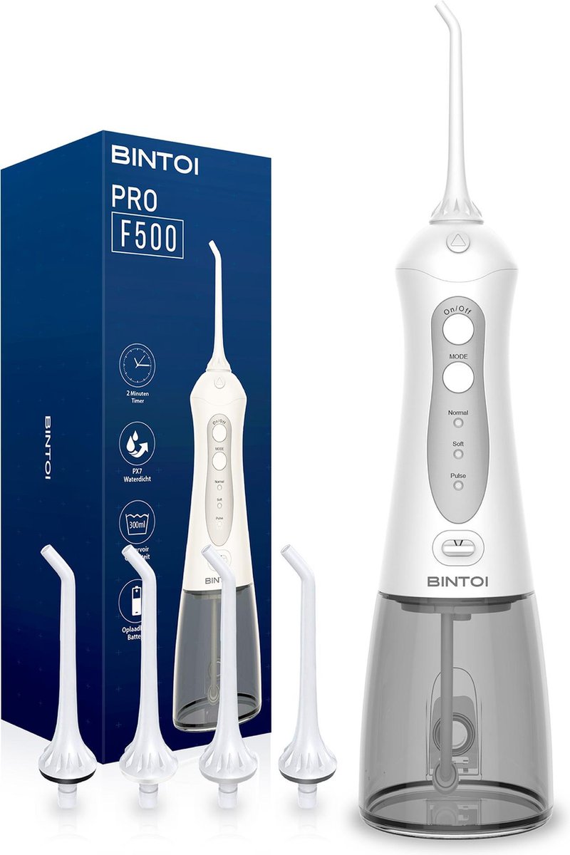 Bintoi® iSonic F500 - Waterflosser - Professionele Monddouche - Flos voor Beugels - Flosapparaten - 3 Standen en 4 Opzetstukjes - Waterpik - IPX7 Waterdicht - Incl. Reistas Cadeau