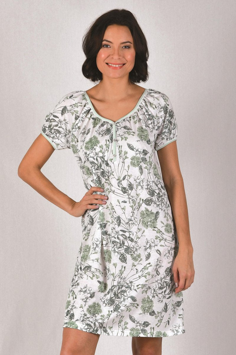Cybéle Katoenen Nachthemd Dames | Nachthemd Dames Korte Mouw | Nachtjapon Dames | Nachthemd Dames Volwassenen |  Wit/Groen 7-800533 48
