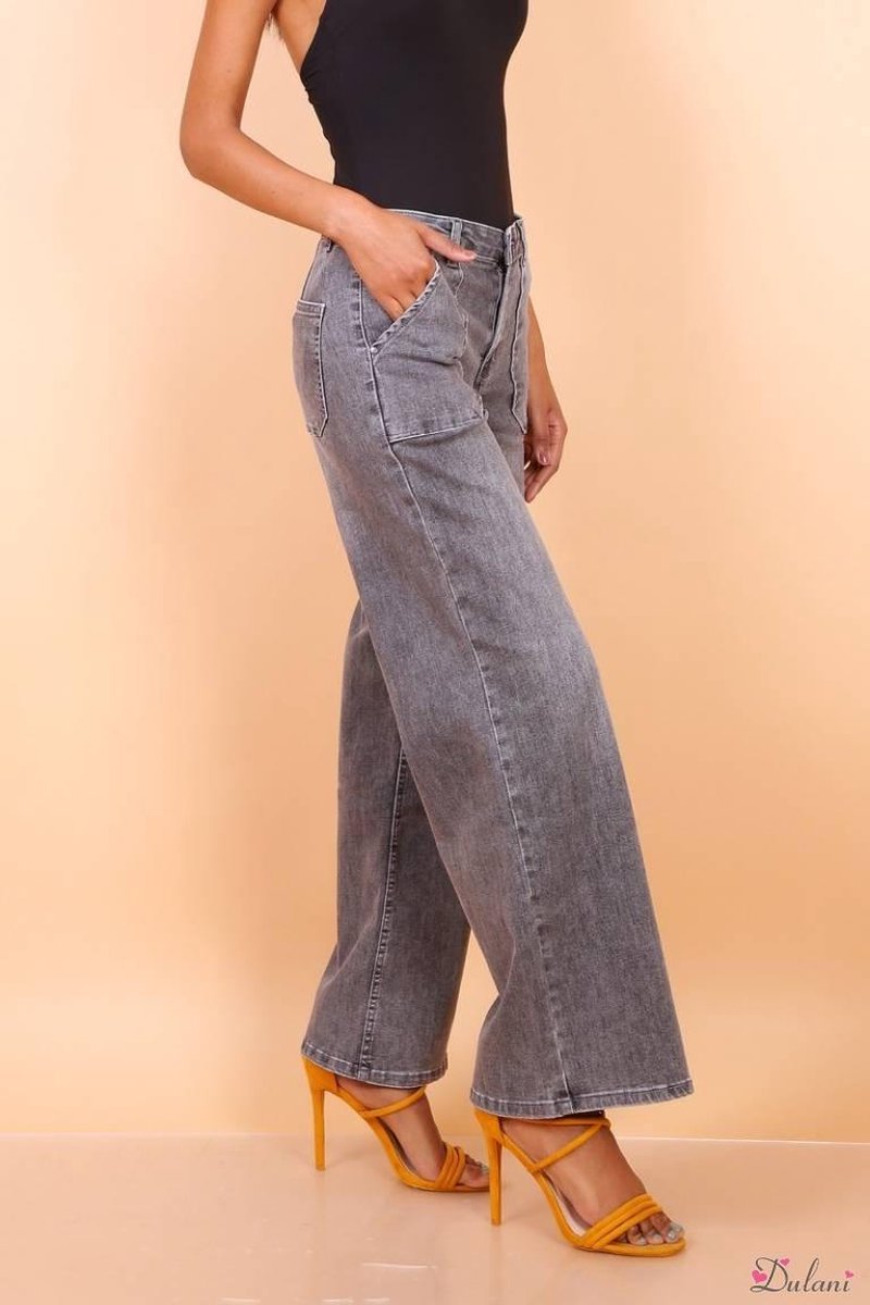 Broek Toxik3 hoge taille flared jeans grijs