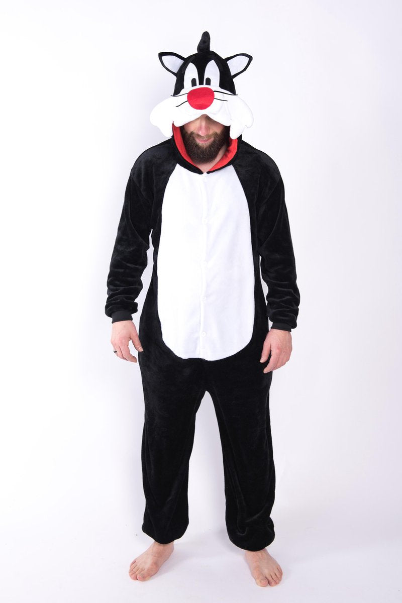 KIMU Onesie Sylvester pak Looney Tunes kostuum - maat S-M - kat kattenpak jumpsuit huispak