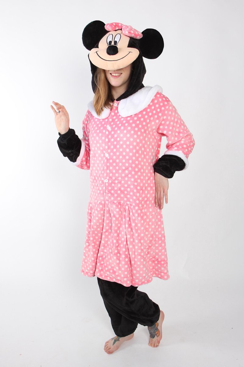 KIMU Onesie Minnie Mouse pak roze kostuum polkadotsmuis - maat XS-S - muizenpak jumpsuit huispak
