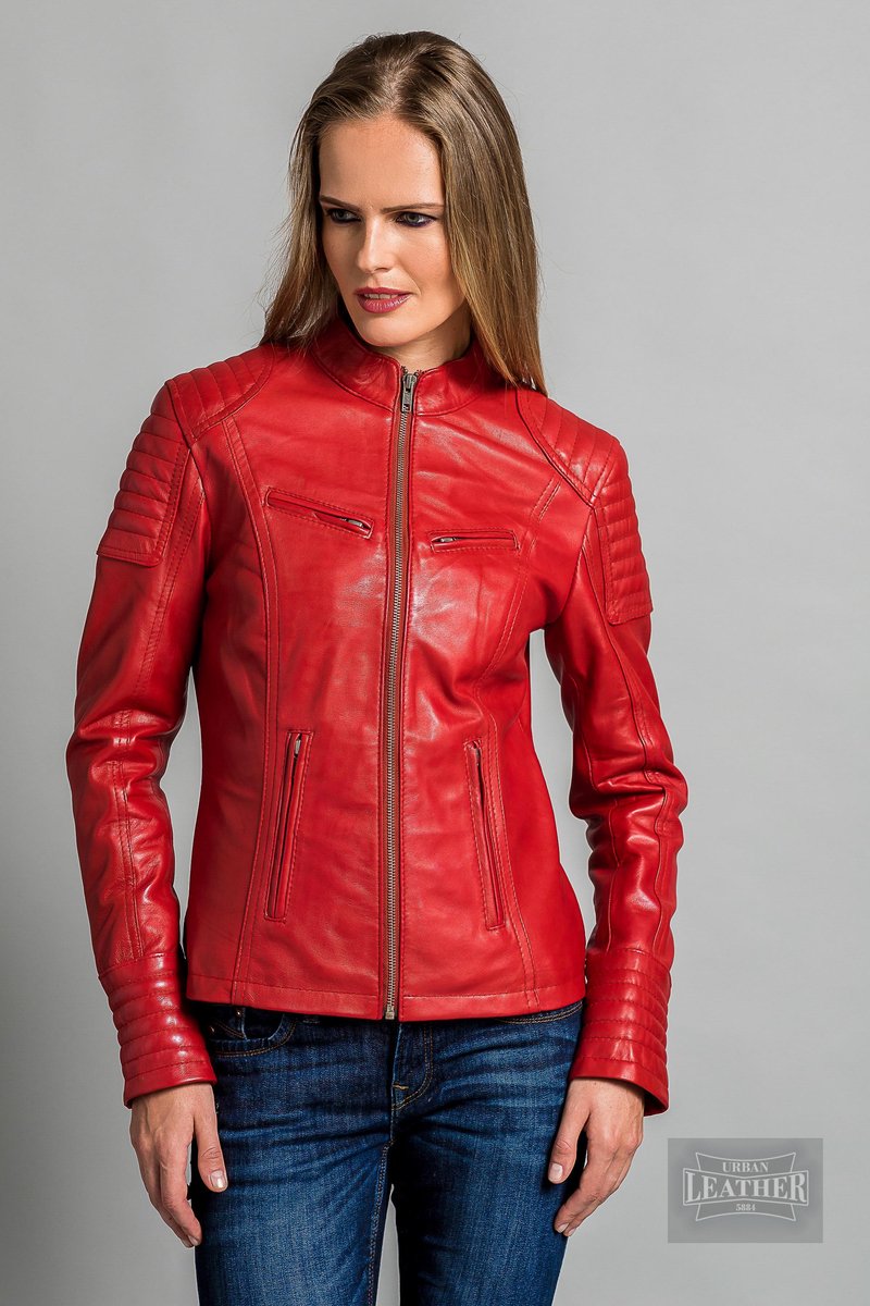URBAN 5884 Angelina Biker kort lams leren jas soepel leer rood gewaxt 4XL