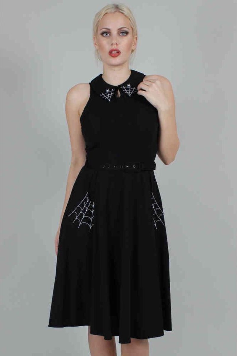 Voodoo Vixen Flare jurk -L- Charlie Spider Web Collared Zwart