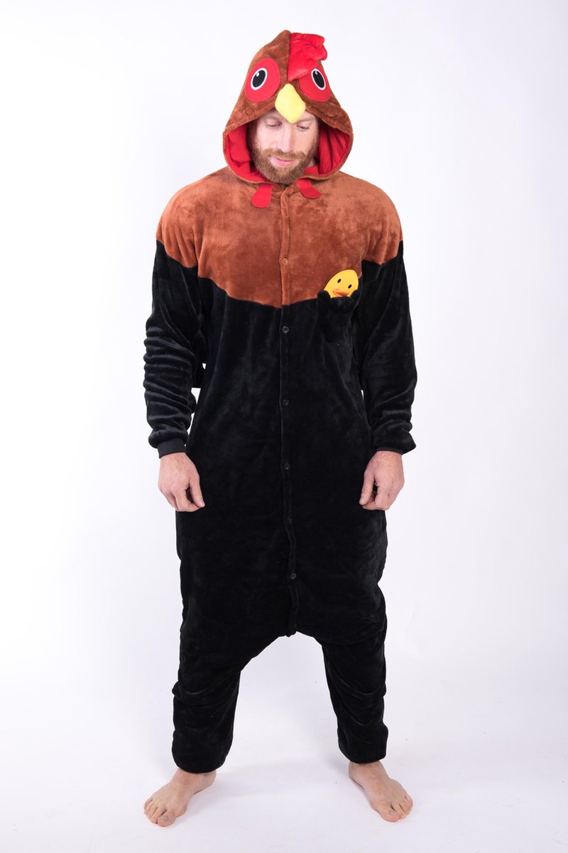 KIMU Onesie haan pak kip kostuum zwart - maat S-M - hanenpak jumpsuit huispak