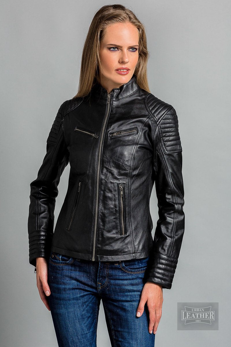 Angelina Biker kort lams leren jas soepel leer zwart -5XL