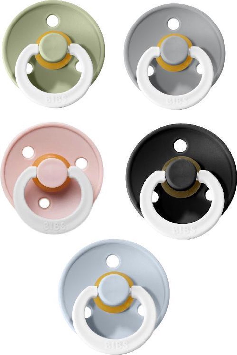 Set van 5 BIBS glow in the dark spenen | sage - cloud - baby blue - blush - black | T1 - maat 1 - 0-6 maanden