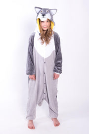 KIMU Onesie wolf kinder husky pak kostuum grijs - maat 110-116 - hond wolvenpak jumpsuit pyjama