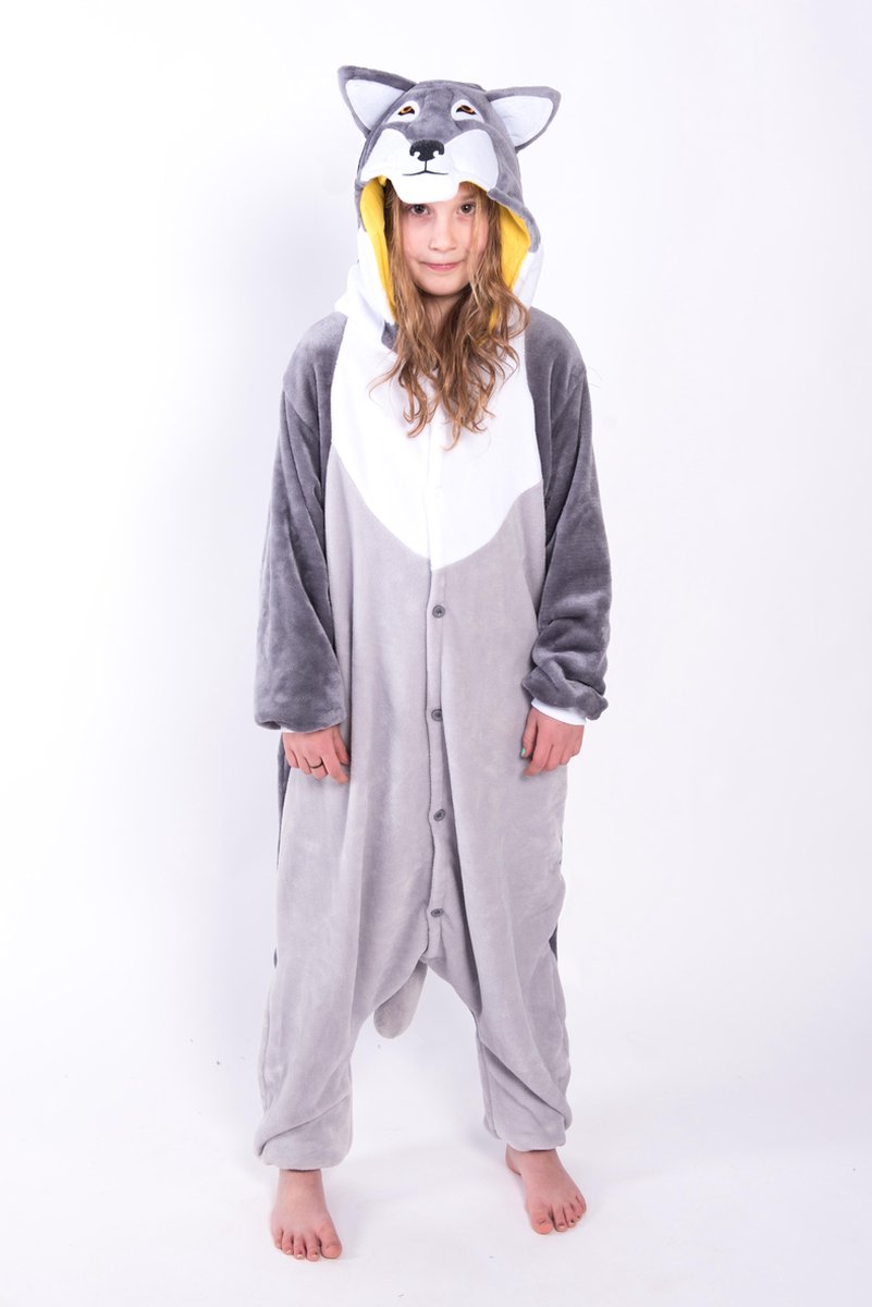 KIMU Onesie wolf kinder husky pak kostuum grijs - maat 110-116 - hond wolvenpak jumpsuit pyjama