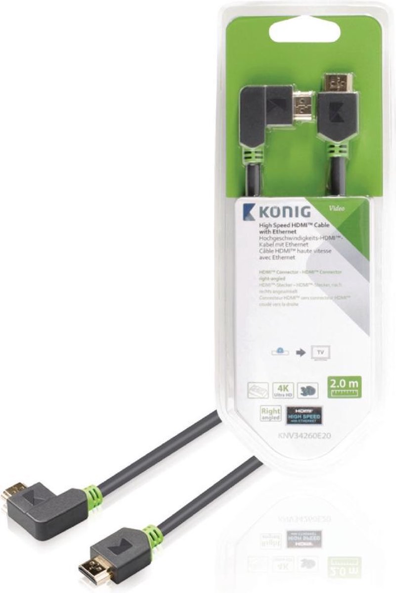 High Speed HDMI Cable with Ethernet HDMI Connector - HDMI Connector right-angled 2.00 m grey