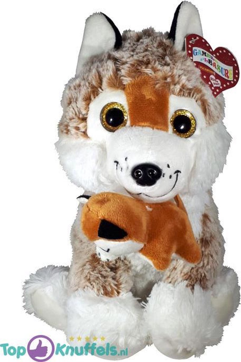Husky Met Baby Pluche Hond Knuffel Bruin/Wit 30 cm | Huskey Peluche Plush Toy | Hond / Dog Knuffeldier Speelgoed voor kinderen en baby | Extra zacht en lief!