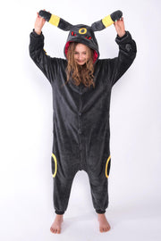 KIMU Onesie Umbreon Pokemon kinder pakje Pokemonpak - maat 110-116 - antraciet kostuum vos Umbreonpak jumpsuit pyjama pak