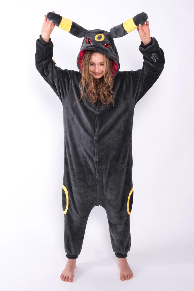 KIMU Onesie Umbreon Pokemon kinder pakje Pokemonpak - maat 110-116 - antraciet kostuum vos Umbreonpak jumpsuit pyjama pak